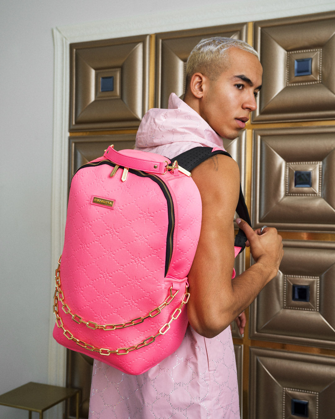 Bags, Pink Fake Leather Mini Backpack With Gold Zippers And Details
