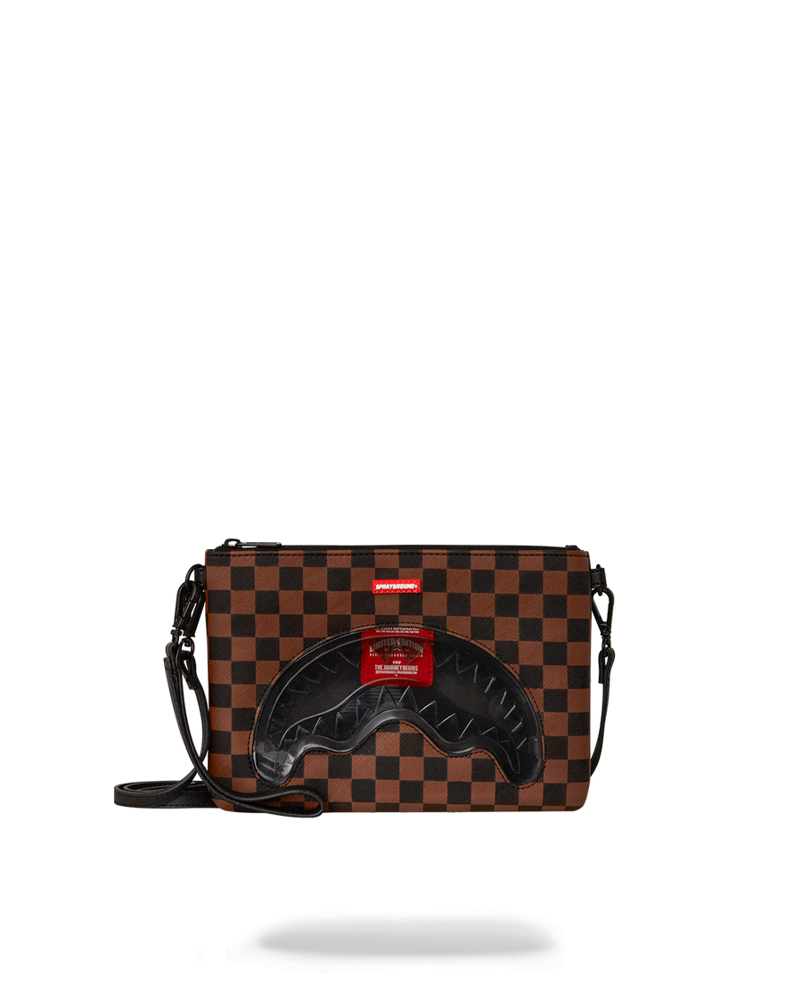 SPRAYGROUND® POUCHETTE SHARKS IN PARIS CLEAR FOR TAKEOFF CROSSOVER CLUTCH WITH STRAP