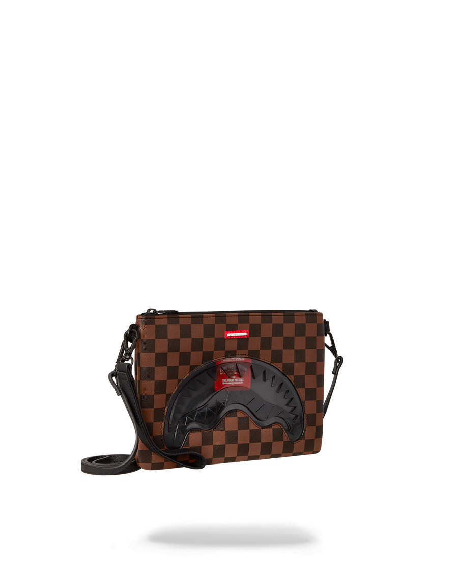 SPRAYGROUND® POUCHETTE SHARKS IN PARIS CLEAR FOR TAKEOFF CROSSOVER CLUTCH WITH STRAP