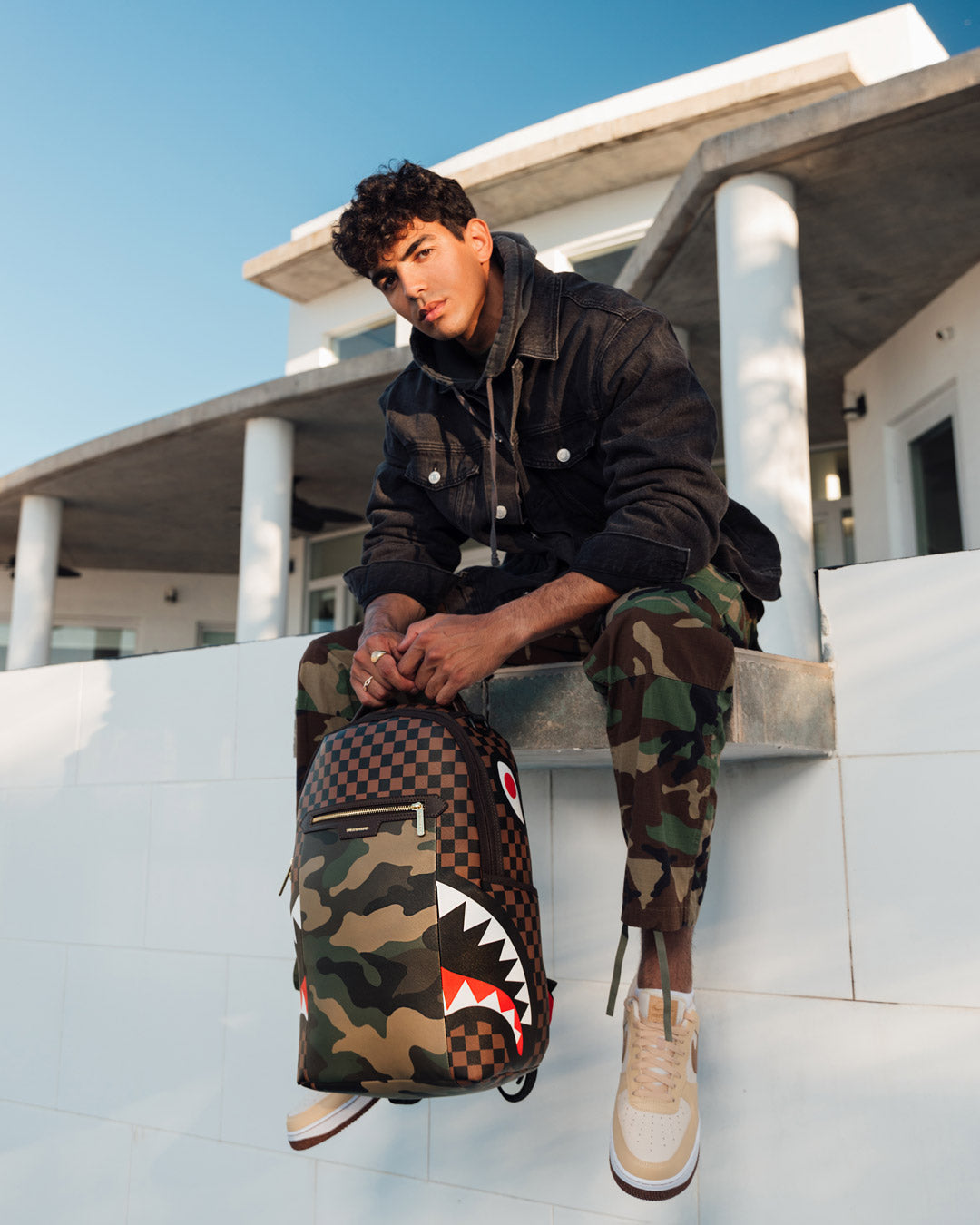 Sprayground Exterior Gold Zip Pocket Sharks in Paris Savage Backpack, Cooler than LV, Juxtaposed patterns with shark mouth graphic…